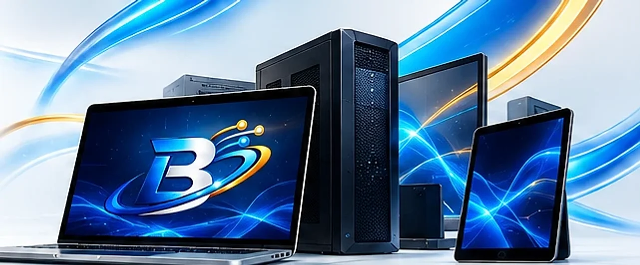 Ordinateur portable, tour et tablette affichant le logo Bernardot IT Solutions